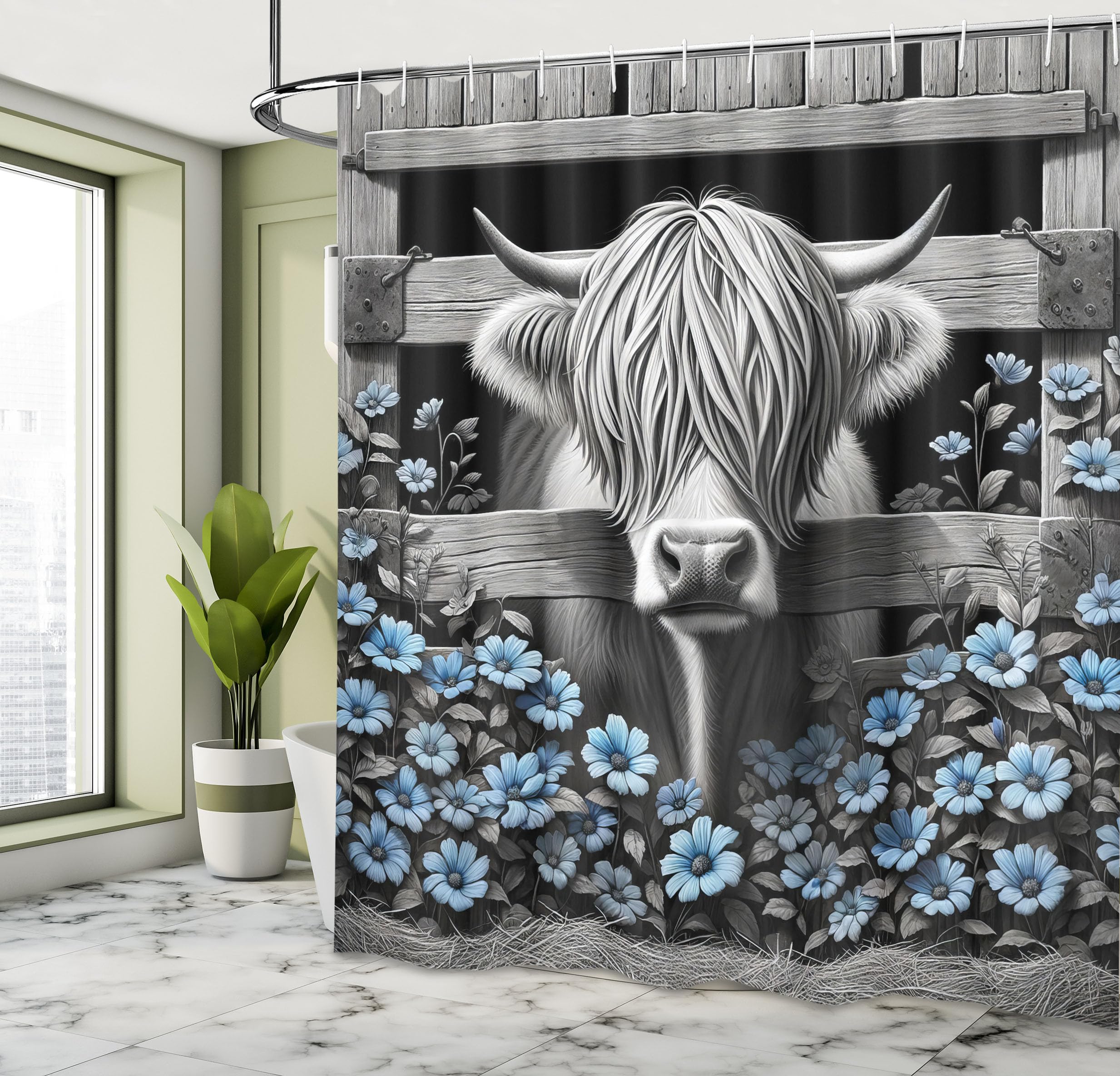 Ambesonne Rustic Shower Curtain, Monochrome Farmhouse Design Cow With Funny Hair Barn And Sky Toned Flowers, Cloth Fabric Bathro
